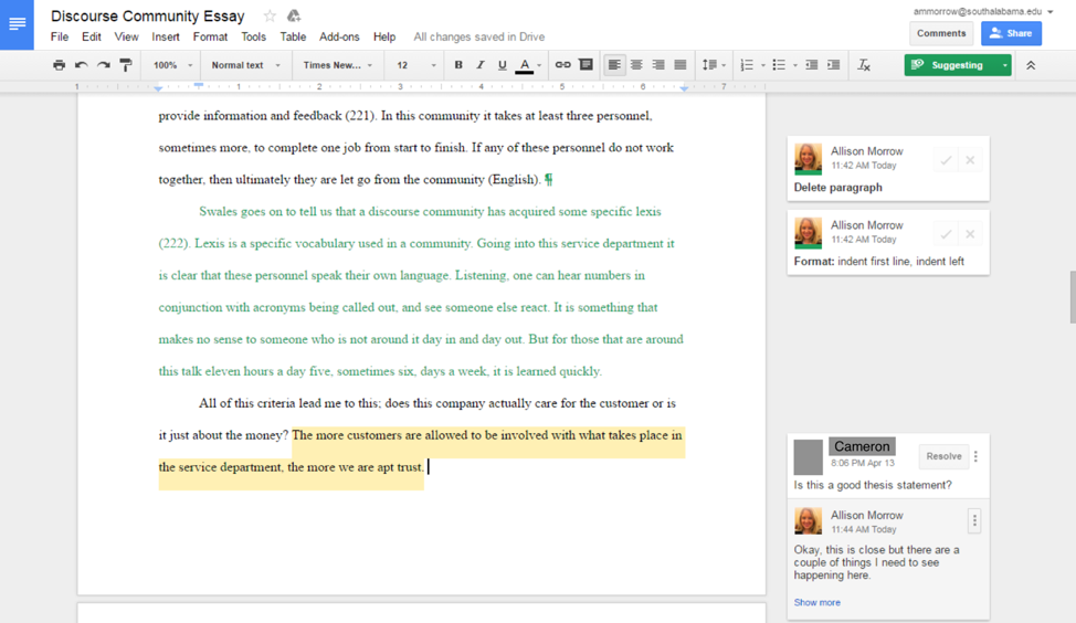 The screenshot displays multiple users commenting on a Google document. Users have made suggestions like “delete paragraph” or “indent first line” and added comments which ask questions like “Is this a good thesis statement?” 