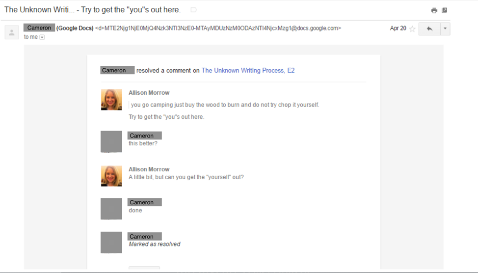 The screenshot displays an alert telling Allison Morrow that Cameron has resolved a series of comments on “The Unknown Writing Process, E2” document. 