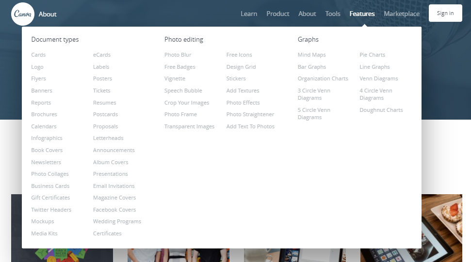 The screenshot displays a window on the Canva website listing potential genres. This screen helps the user select which genre they want to work with and lists document types (such as cards, logo, flyers, banners, etc.), photo editing (such as photo blur, free badges, vignette, etc.), graphs (such as mind maps, bar graphs, organization charts, etc). 